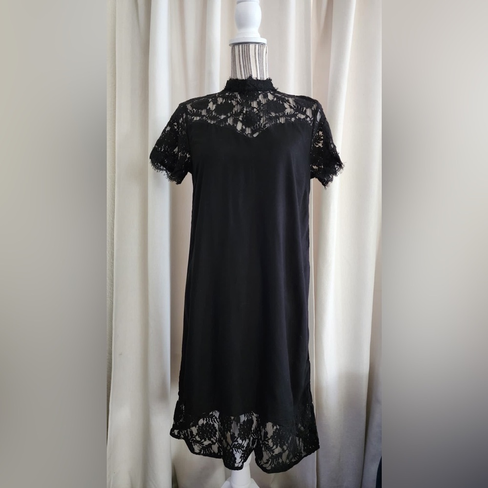 New black lace mock neck shift dress